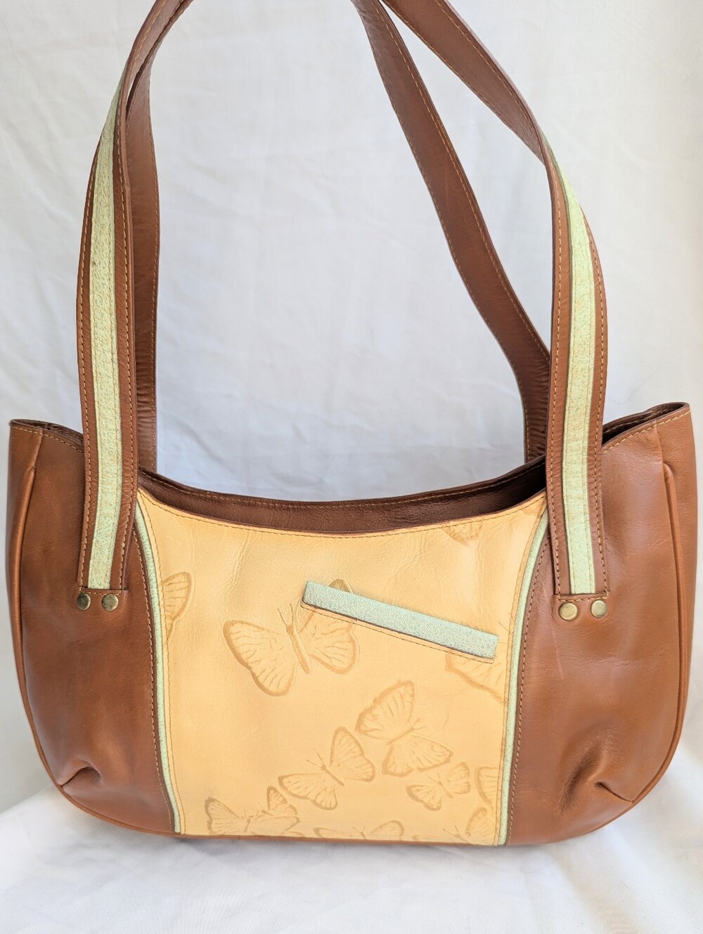 Mario Hernández Leather Shoulder Bag Butterfly Embossed Brown Beige